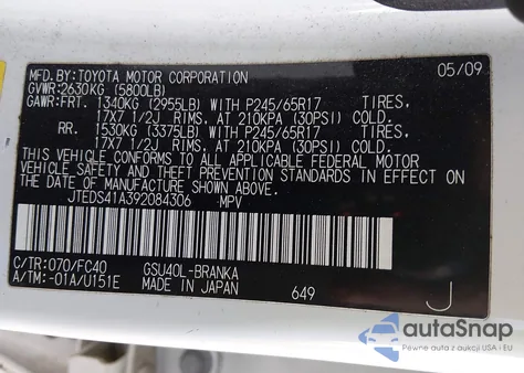 2009 Toyota Highlander z USA, uszkodzony, nr VIN JTEDS41A392084306